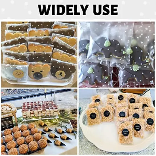 100 PACK Self Adhesive Cookie Bags Cellophane Treat Bags Thank You Candy Bags for Gift Giving with Stickers(White Polka Dot,4x4 INCH) {5}