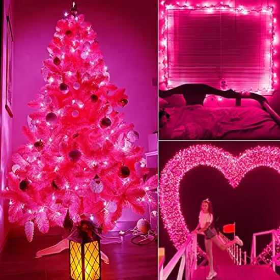 100 Pieces Christmas Pink Mini String Lights - 25 Feet Detachable Incandescent Bulb Waterproof Fairy Lights Plug in for Indoor Outdoor Party Patio Xmas Tree Valentine's Day Decoration, White Wire {1}