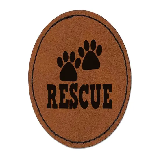 Rescue Cat Dog Paw Print Round Iron-On Engraved Faux Leather Patch Applique - 2.5" Brown {1}