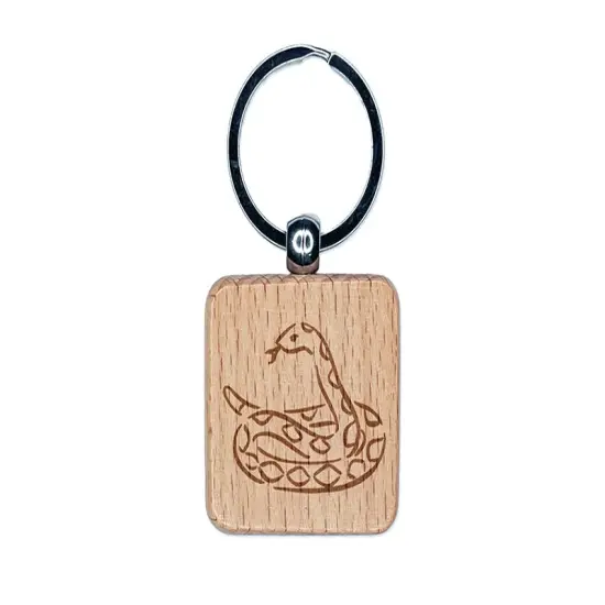 Coiled Snake Forked Tongue Engraved Wood Square Keychain Tag Charm {1}