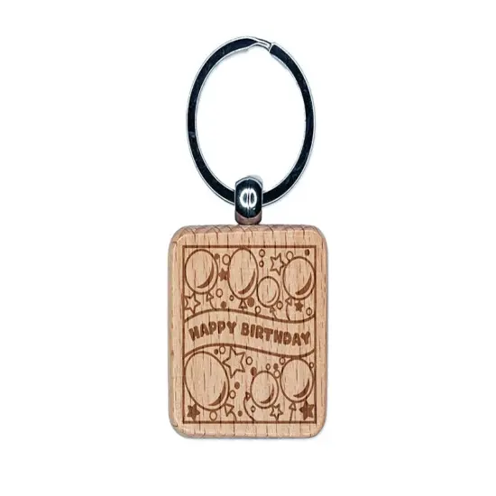 Happy Birthday Cute Balloons and Stars Engraved Wood Square Keychain Tag Charm {1}