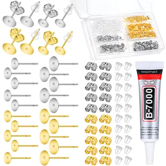 600 pieces Jewelry Glue with Earring Posts for Jewelry Making, Stainless Steel Earring Posts and Backs Silver and Gold Earring Posts with Rubber Earring Backs for Earring Making Supplies {1}