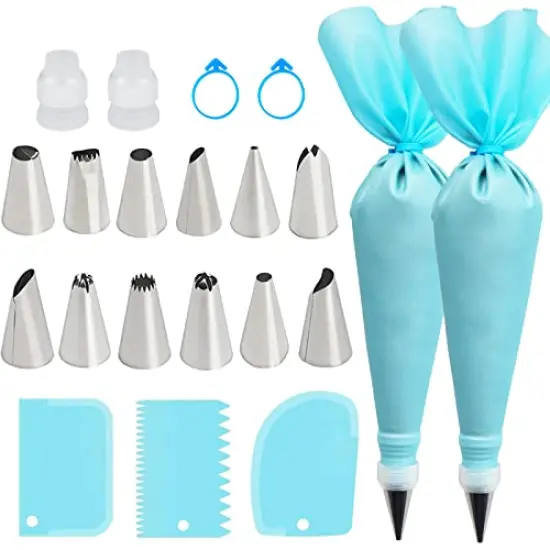 Piping Bags and Tips Set, Reusable Cake Decorating Supplies with 2 Reusable Bags, 12 Icing Tips, 2 Silicone Rings, 2 Couplers and 3 Scrapers, Cake Baking Tools for Cookie Icing Cakes Cupcakes {1}