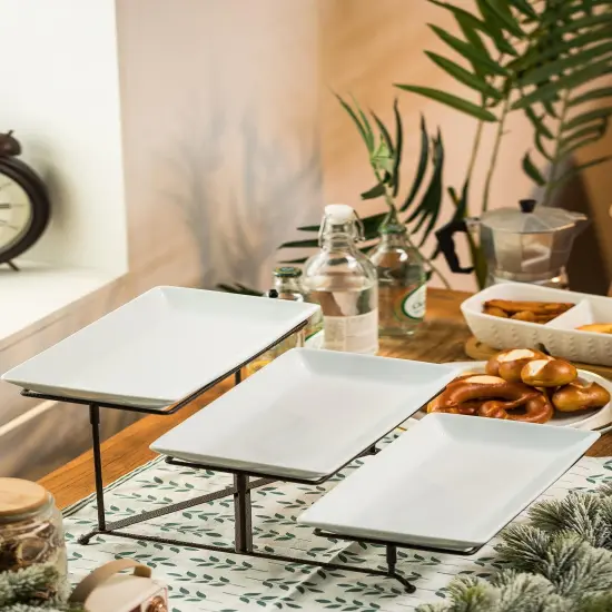 3 Tier Serving Stand Collapsible Sturdier Rack with 3 Porcelain Serving Platters Tier Serving Trays for Fruit Dessert Presentation Thanksgiving Christmas Party Display Set, 12 Inch, Bronze {3}