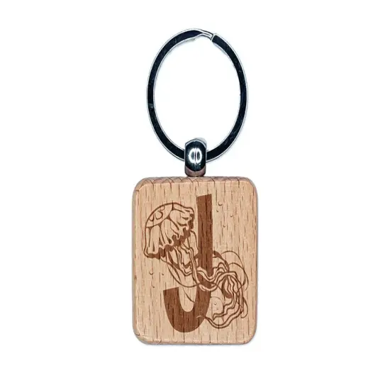 Animal Alphabet Letter J for Jellyfish Engraved Wood Square Keychain Tag Charm {1}
