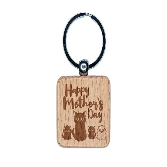 Happy Mother's Grouchy Mad Mom Cat with Kittens Engraved Wood Square Keychain Tag Charm {1}
