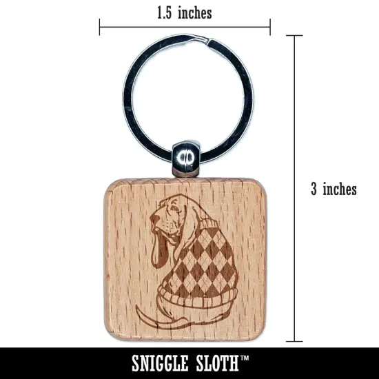 Basset Hound Dog in Argyle Sweater Engraved Wood Square Keychain Tag Charm {2}