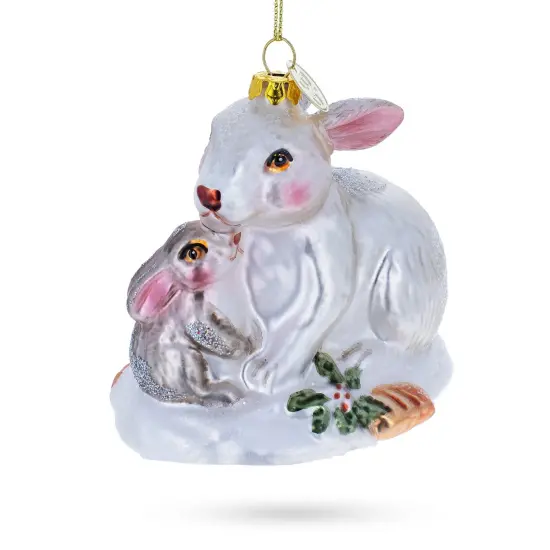 Mother and Baby Bunnies Glass Christmas Ornament {3}