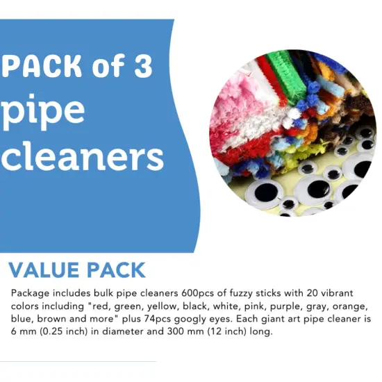 3 PACK - Incraftables 600pcs Pipe Cleaners Craft Supplies Set (20 Colors). Best Thick Fuzzy Chenille Stems Sticks with Googly Eyes. Colorful & Assorted Bulk Pipecleaners for DIY Arts & Crafts (12 inch Long) {3}