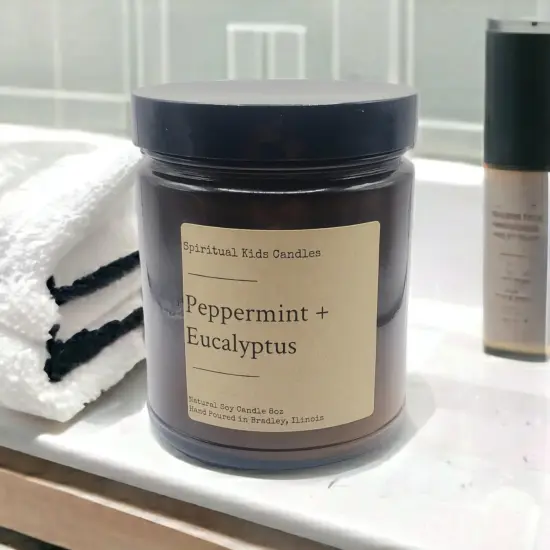 Peppermint & Eucalyptus Soy Candle 8oz 35-40 Hours Hand Poured with All Natural Soy wax and Fragrant/Essential Oils! {2}