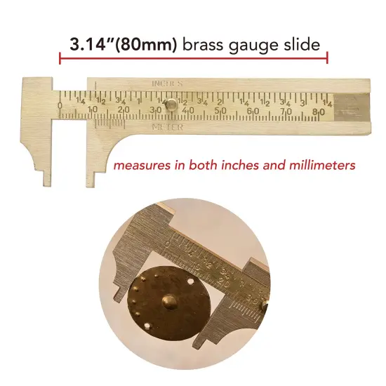Economy Brass Gauge – 80mm (3.14”) Pocket Sized Slide Gauge – Measures in Both in Inches and Millimeters – Sliding Caliper Ruler – Non-Magnetic Measuring Tool {4}