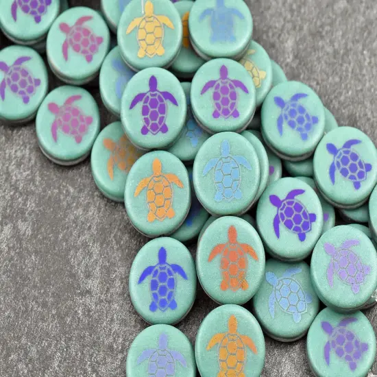 *8* 14mm Opaque Satin Turquoise Sliperit Laser Tattoo Turtle Coin Beads {1}