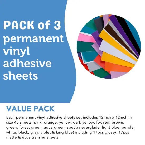 3 PACK - Incraftables Permanent Vinyl Sheets (40pcs). Bulk Permanent Vinyl for Cricut Machine with Glossy, Matte & Transfer Sheets. Multicolor Self Adhesive Vinyl Sheets Sticker Paper Bundle for DIY Crafts {3}