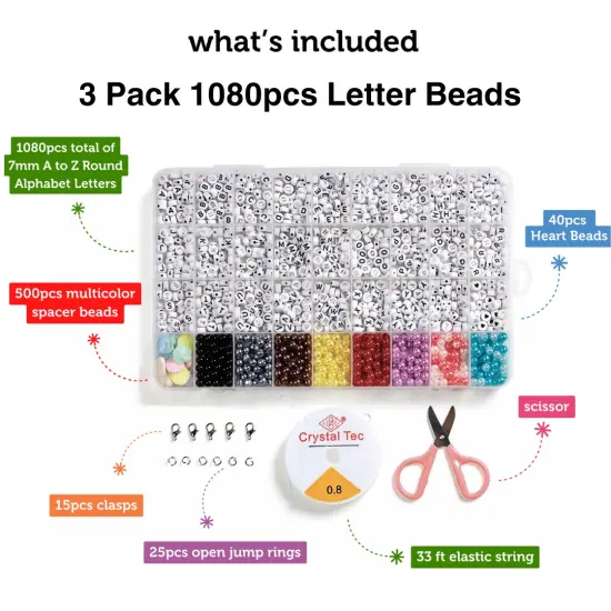 3 PACK - Incraftables 3 Colors Letter Beads for Jewelry Making (7mm, 1080pcs). A-Z Black, Silver & Rose Gold Alphabet for DIY Friendship Bracelets & Crafts. ABC & Heart Bead w/Elastic String & Organizer {2}