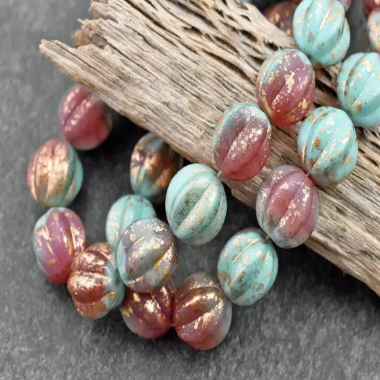 *15* 12mm Gold Washed Rose Pink & Turquoise Round Melon Beads {4}