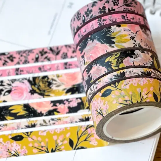 Black Pink & Gold Spring Floral Washi Tape Set (#W077) {1}