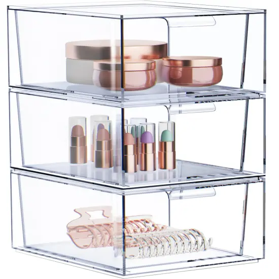 Sorbus 3 Pack Clear Stackable Acrylic Drawer Makeup Organizers - for Vanity, Bathroom, Under Sink, Cabinets, Jewelry, and More {1}