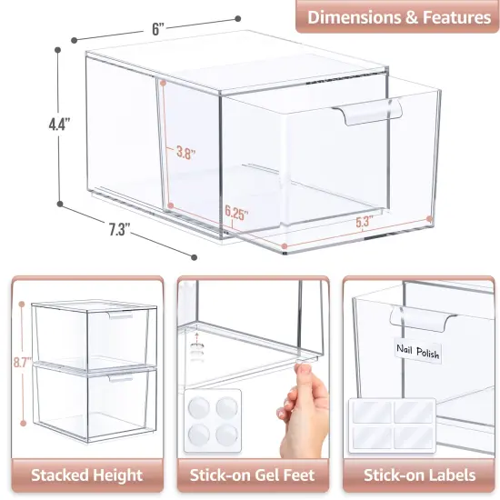 Sorbus Clear Stackable Acrylic Drawer Makeup Organizer - for Vanity, Bathroom, Under Sink, Cabinets, Jewelry, and More {2}