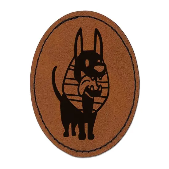 Anubis Puppy Egyptian Jackal Dog Round Iron-On Engraved Faux Leather Patch Applique - 2.5" Brown {1}