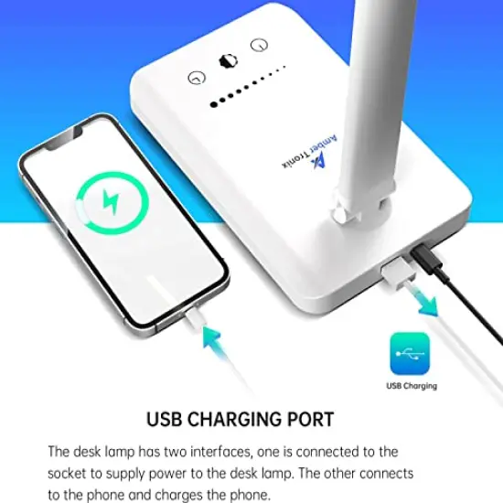 LED Desk Lamp with USB Charging Port, Dimmable Eye-Caring Reading Desk Light for Home, with 5 Brightness Level & 3 Lighting Modes, Touch Control, Auto Timer (White) {5}