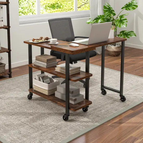 Rotating Sofa Side Table with Wheels Sliding Laptop Desk with Storage Shelves for Small Spaces Rustic Brown {6}