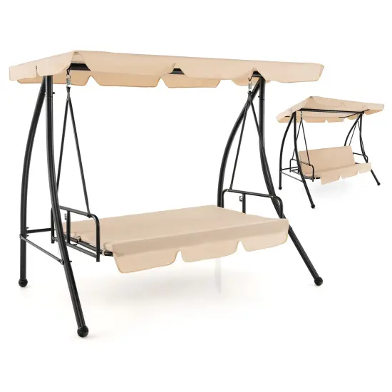 2-Seat Outdoor Convertible Swing Chair with Flat Bed and Adjustable Canopy-Beige {1}