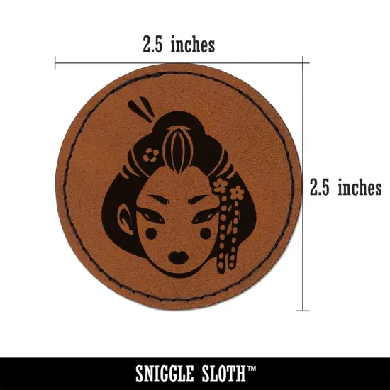 Japanese Geisha Woman Head Round Iron-On Engraved Faux Leather Patch Applique - 2.5" Brown {3}