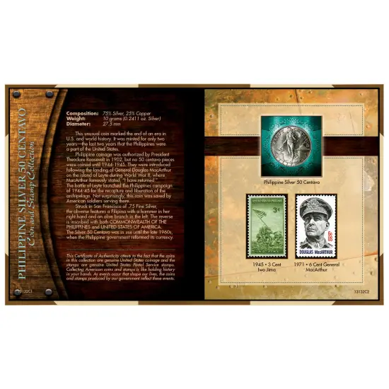 World War II Silver Philippines 50 Centavos Coin and Stamp Collection {1}