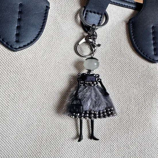 Wrapables Hanging Fashionista Doll Keychain, Crystal Rhinestone Keyring Bag Charm, Gray Retro {3}