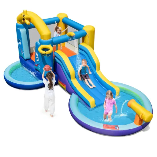 Inflatable Ocean-Themed Bounce House with 680W Blower and 2 Pools {3}