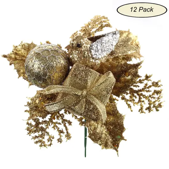 Sparkling Gold Glitter Picks with Dove Bird, Gift Box, & Ornament Ball | Holiday Xmas Accents | Trees, Wreaths, & Garlands | Christmas Picks | Party & Event | Home & Office Decor (Set of 12) - 2024 Christmas Collection - 2024 Christmas Collection, Fl {1}