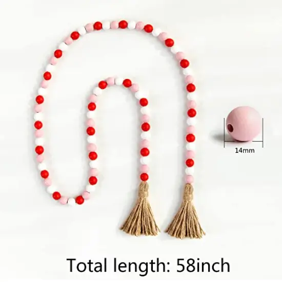 Valentine's Day Wood Bead Garland with Tassel,Rustic Wooden Bead Decor Farmhouse Beads Big Wall Hanging Decor (Pink/Red/White) {1}