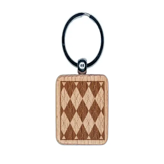 Argyle Pattern Block Engraved Wood Square Keychain Tag Charm {1}