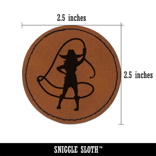 Rodeo Cowboy Woman Cowgirl Waving Lasso Around Round Iron-On Engraved Faux Leather Patch Applique - 2.5" Brown {3}