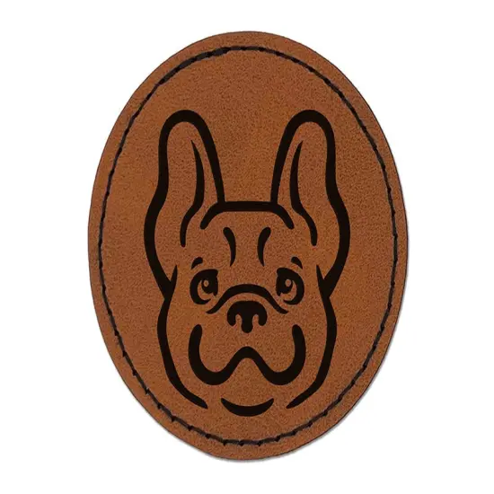 Happy French Bulldog Frenchie Dog Head Round Iron-On Engraved Faux Leather Patch Applique - 2.5" Brown {1}