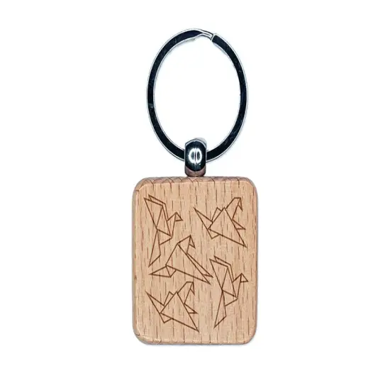 Flock of Origami Paper Birds Engraved Wood Square Keychain Tag Charm {1}