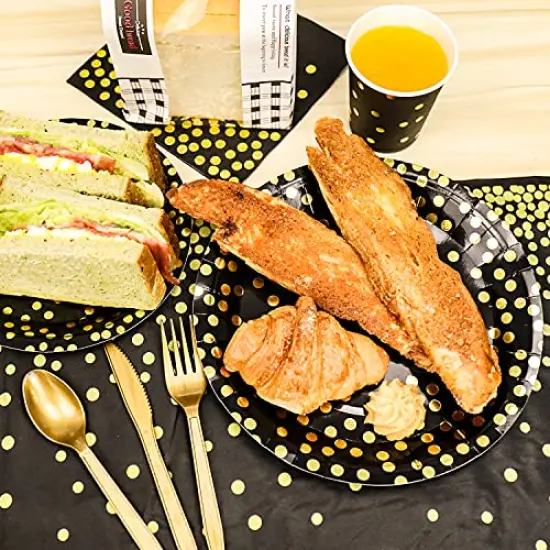 176 Pieces Gold Disposable Party Dinnerware Set &Golden Dot Disposable Party Dinnerware - Black Paper Plates Napkins Cups, Gold Plastic Forks Knives Spoons {3}