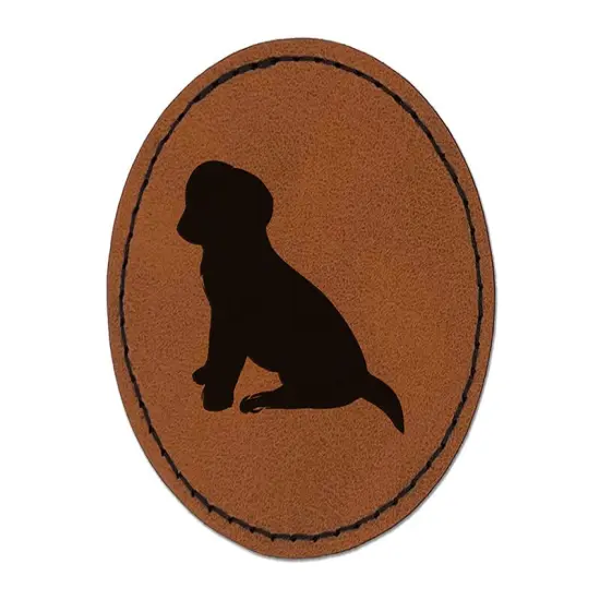 Puppy Dog Sitting Solid Round Iron-On Engraved Faux Leather Patch Applique - 2.5" Brown {1}