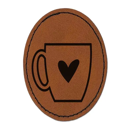 Coffee Love Mug Cup Outline Round Iron-On Engraved Faux Leather Patch Applique - 2.5" Brown {1}