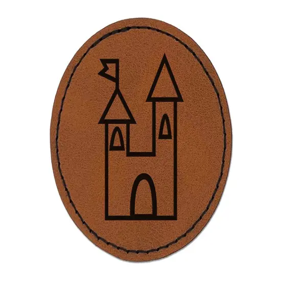 Castle Fairytale Round Iron-On Engraved Faux Leather Patch Applique - 2.5" Brown {1}