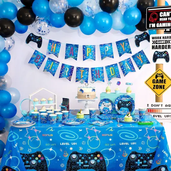 88 Pieces Gamer Birthday Party Decorations for Kids Boys Family Gaming Night Tableware Set Happy Birthday Banner Tablecloth Plates Napkins Cups Balloons Serves 16 Guests {6}