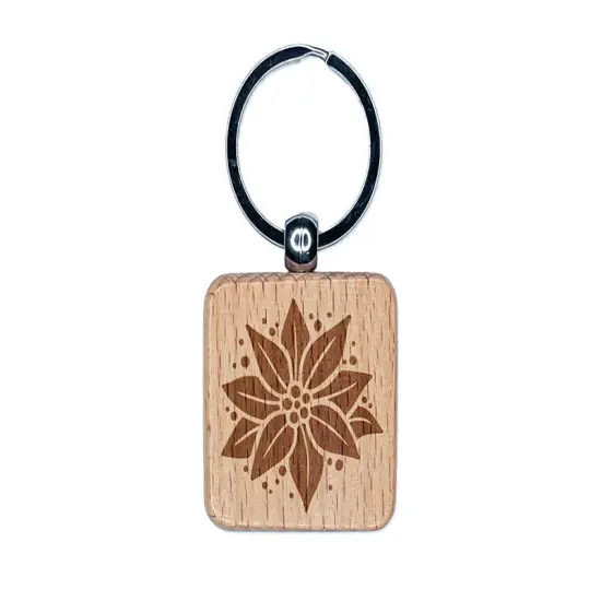 Poinsettia Flower Christmas Engraved Wood Square Keychain Tag Charm {1}