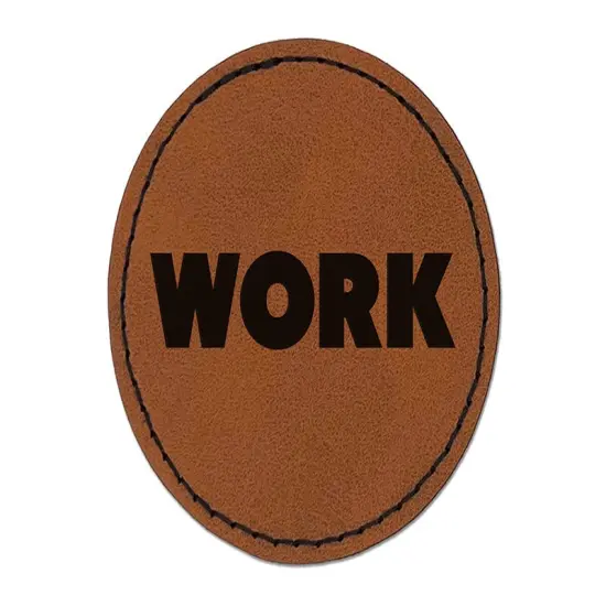 Work Bold Text Round Iron-On Engraved Faux Leather Patch Applique - 2.5" Brown {1}
