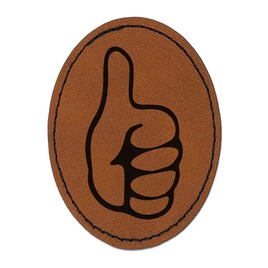 Thumbs Up Down Round Iron-On Engraved Faux Leather Patch Applique - 2.5" Brown {1}