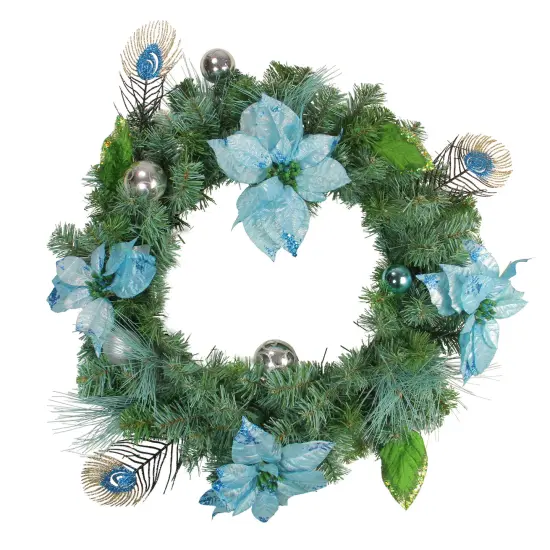 Northlight Glitter Peacock Feather Poinsettia Artificial Christmas Wreath - 24" - Unlit Blue {1}