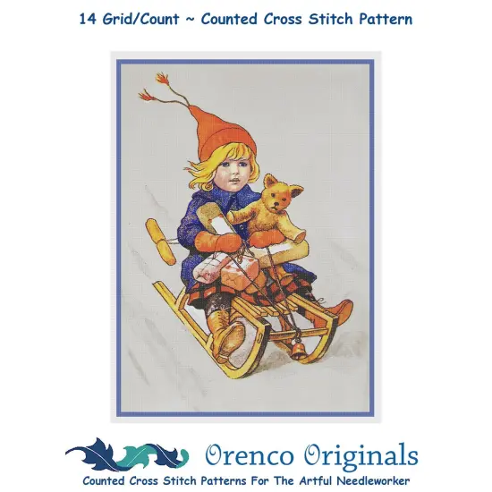 Girl Sledding with a Teddy Bear Jenny Nystrom Counted Cross Stitch Pattern {1}
