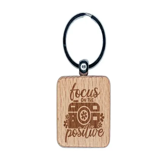 Focus on the Positive Camera Pun Engraved Wood Square Keychain Tag Charm {1}