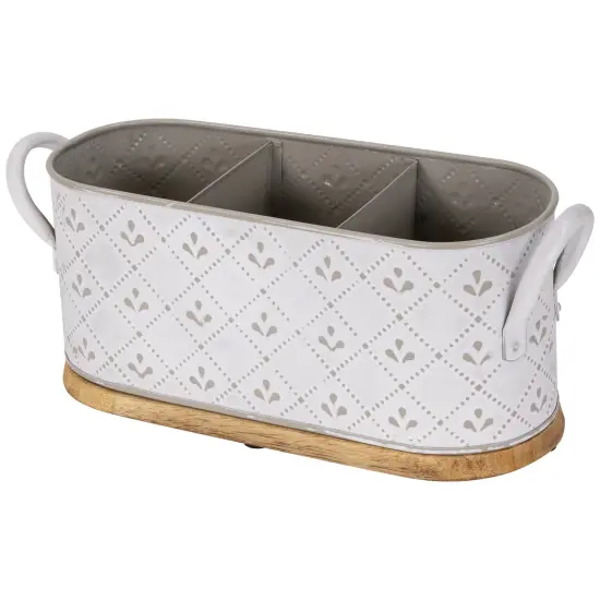 Northlight 11.25" White Oval Embossed Utensil Caddy with Side Handles and Wooden Base {6}