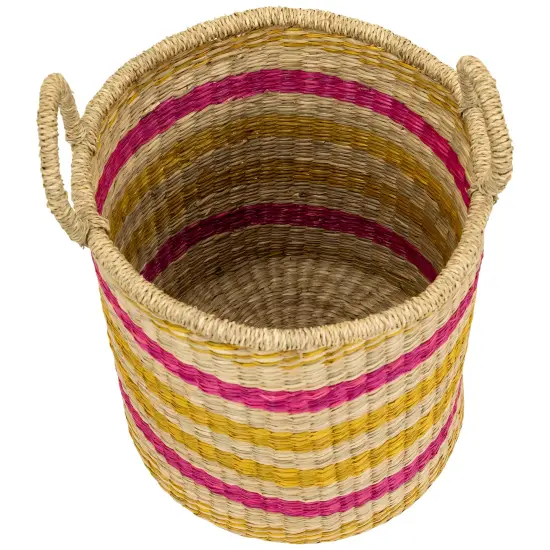 Northlight Set of 3 Striped Fuchsia and Yellow Seagrass Woven Baskets with Handles 13.75" {6}