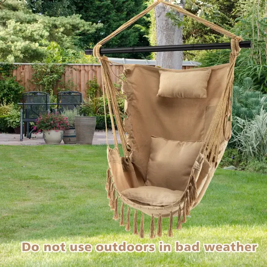 Hanging Rope Swing Chair with Soft Pillow and Cushions Beige {2}